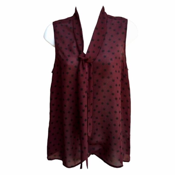Halogen Sheer Maroon Black Starburst V-Neck Tie Sleeveless Blouse - Picture 2 of 9